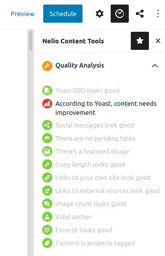 <strong>Post Quality Analysis.</strong> Nelio Content analyzes the quality of your post in a non-disruptive manner. Address all the issues detected by Nelio and your content will look better and more beautiful.