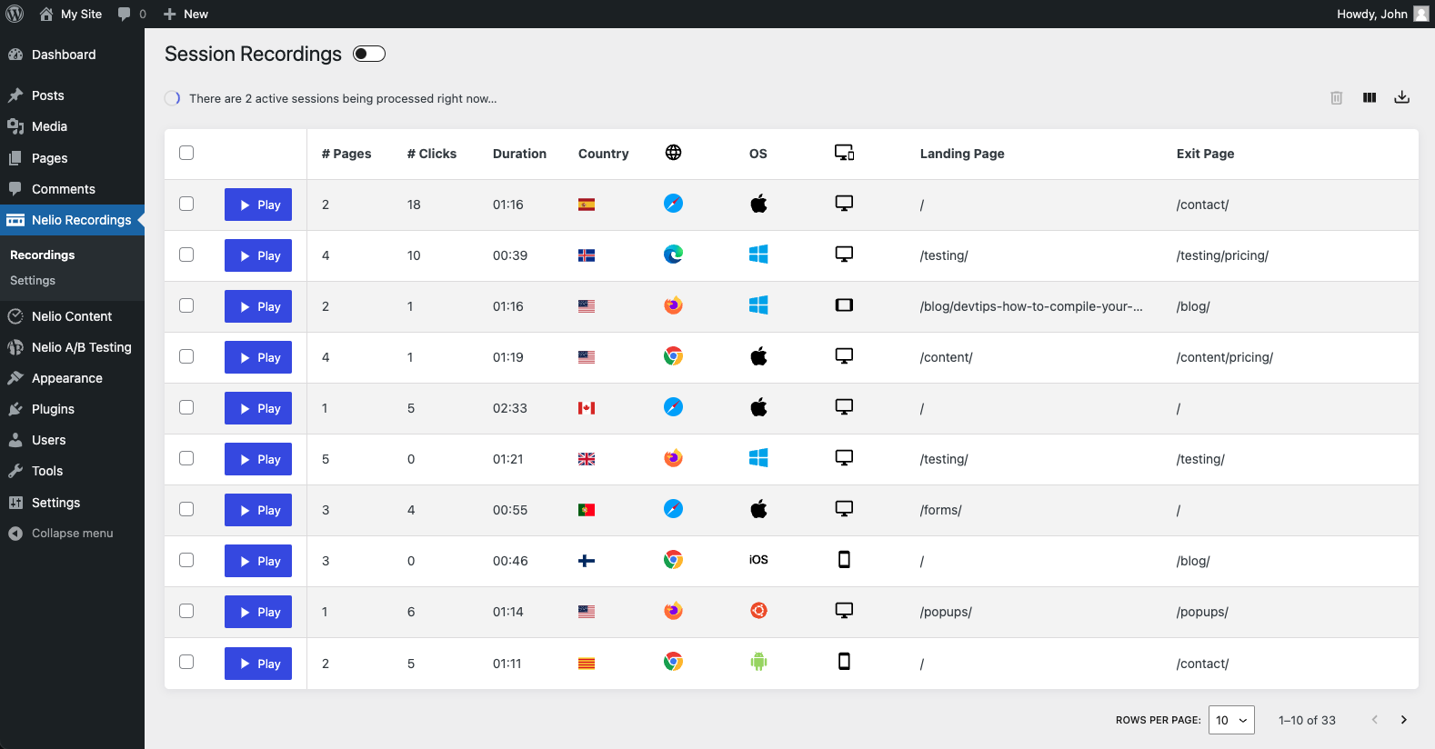 <strong>List of session recordings</strong>. The list of recordings shows all the recorded sessions and allows you to sort by visitor location, browser, session duration, device, and more.