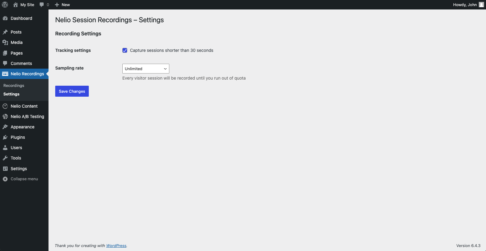 <strong>Nelio Session Recordings Settings</strong>. The settings provide ways to configure how the plugin tracks and records sessions.