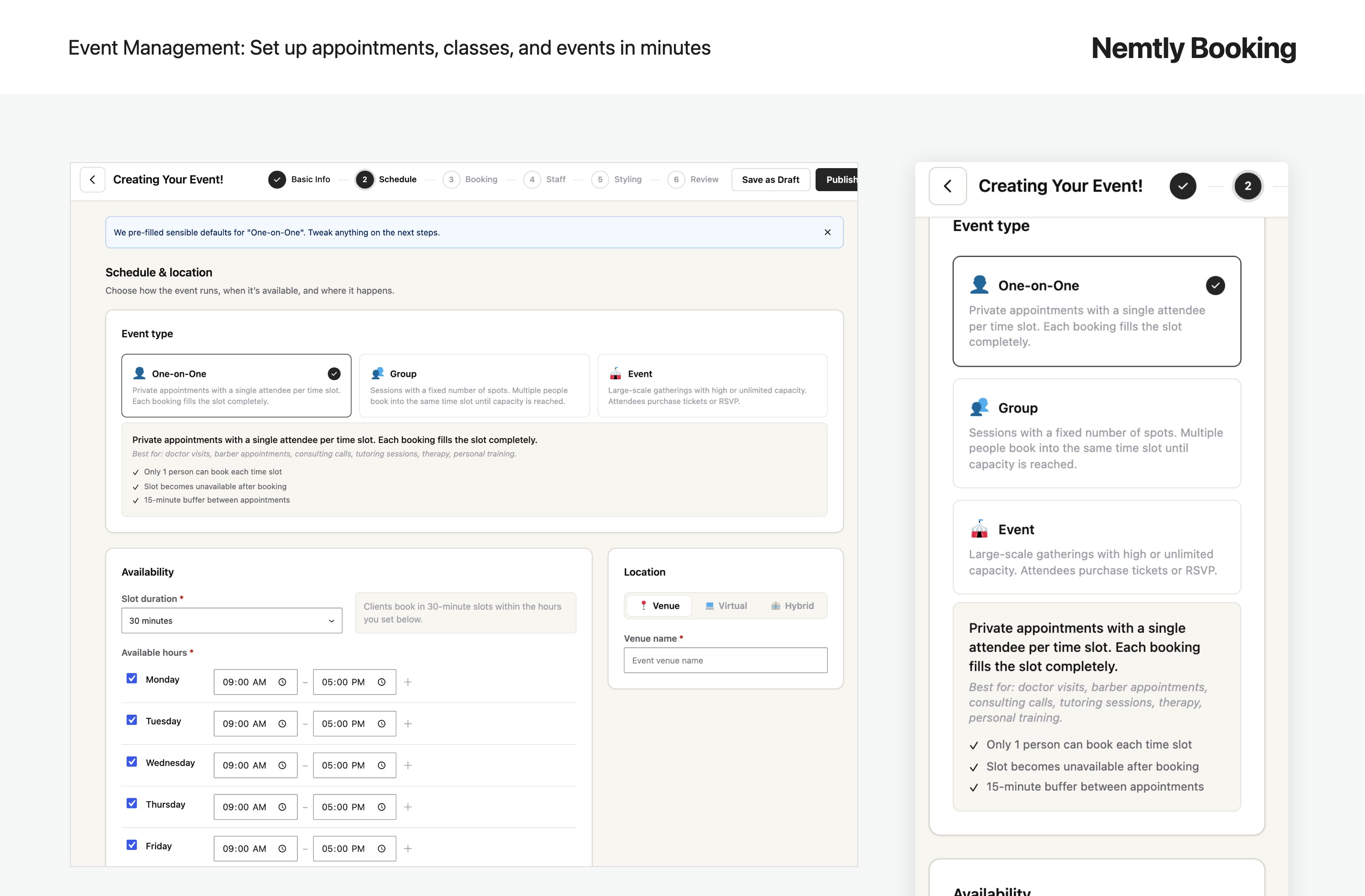 Set up one-on-one appointments, group classes, and date-based events in a guided wizard, on desktop or phone