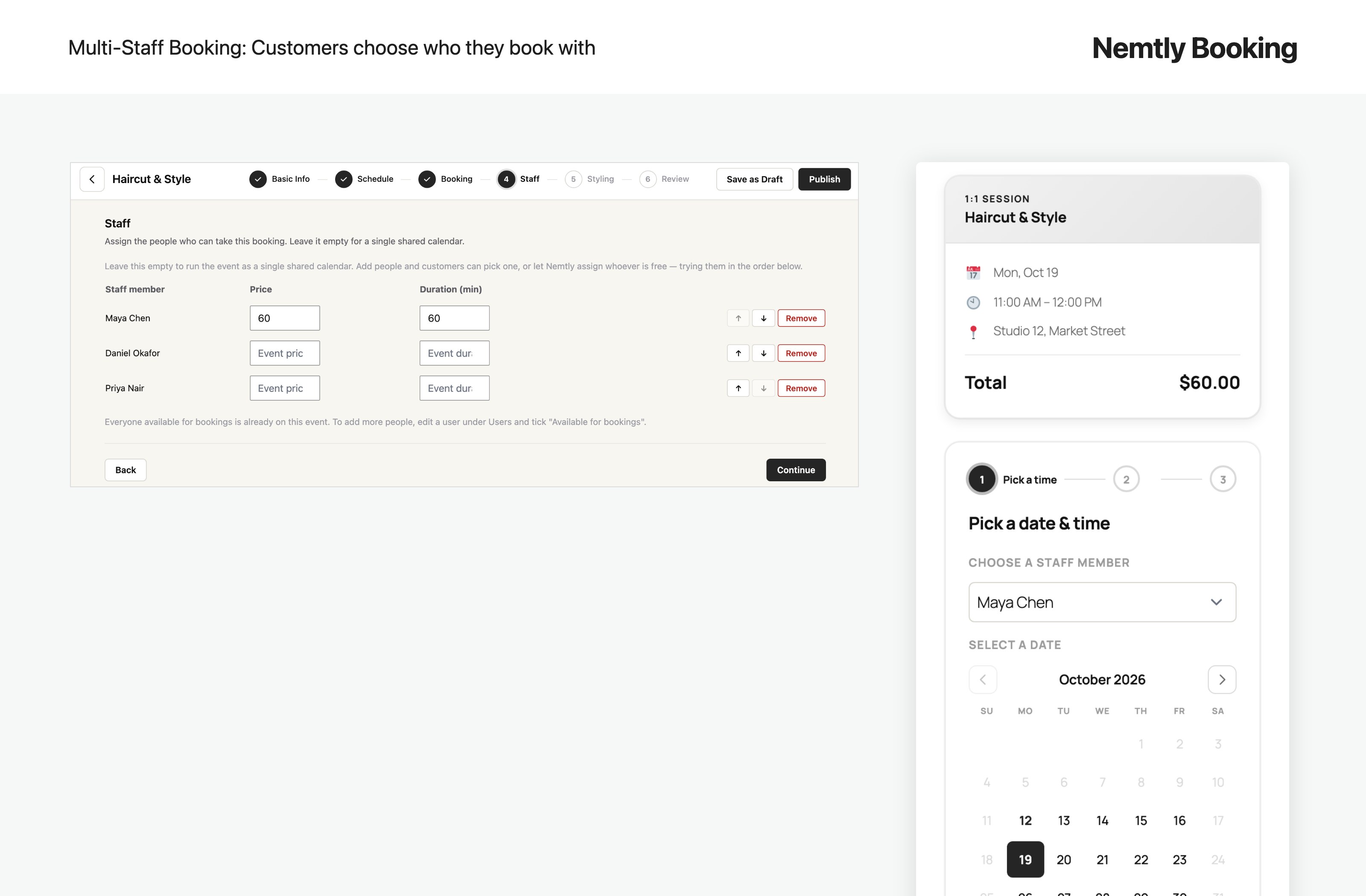 Multi-staff booking: give each staff member their own price and duration, and let customers choose who they book with