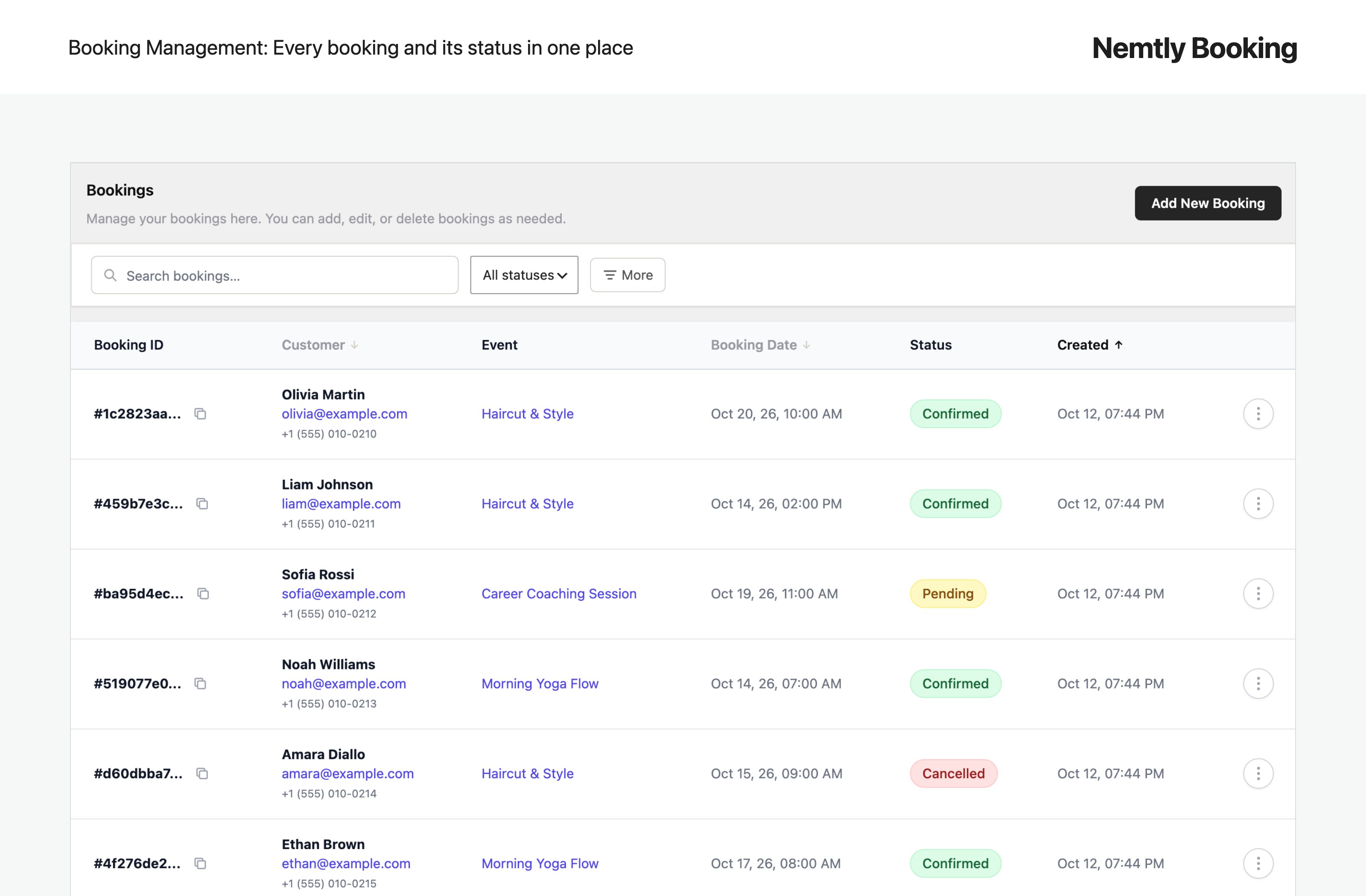 Manage every booking, customer, and status from one admin screen