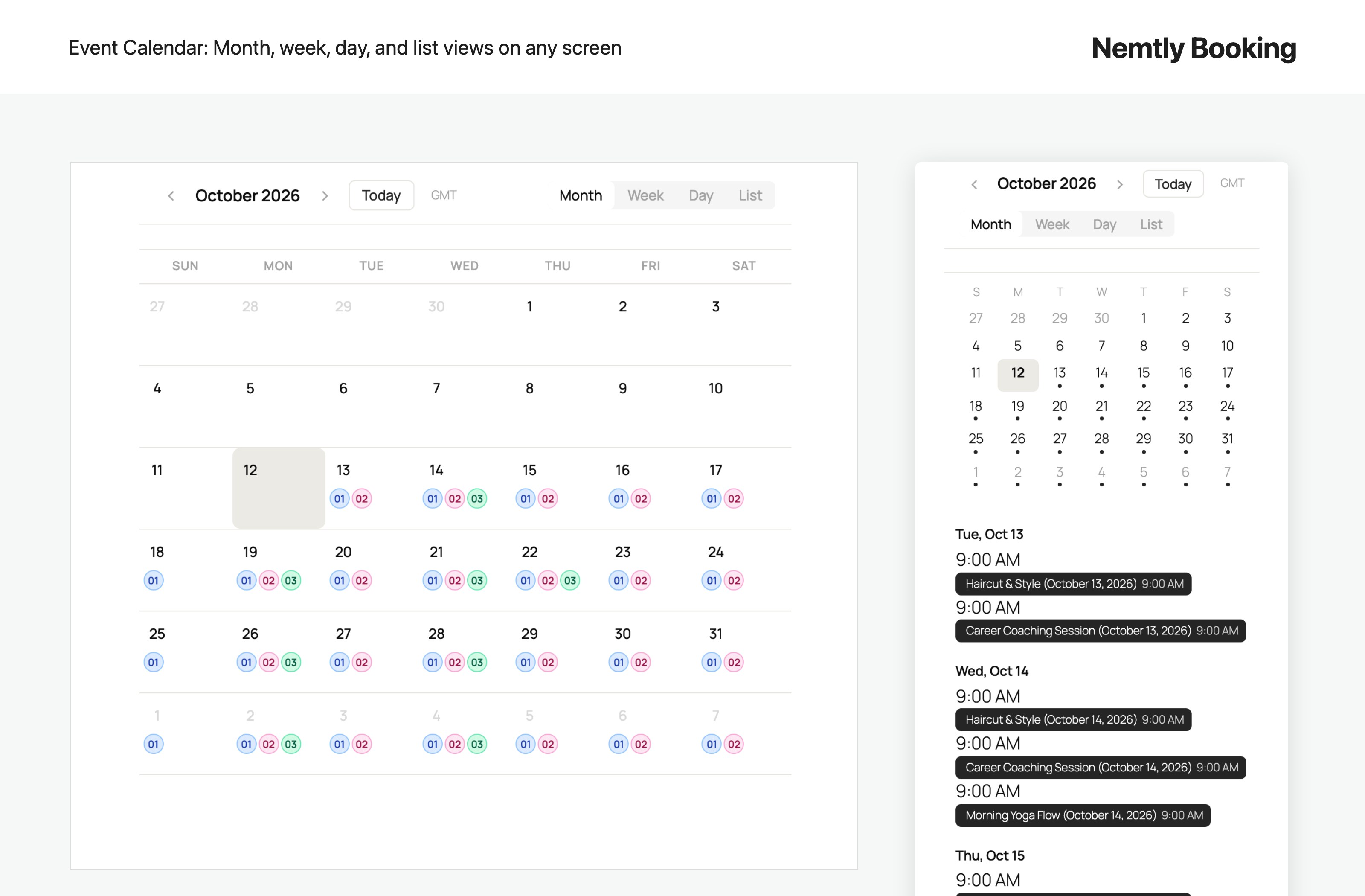 Interactive event calendar with month, week, day, and list views that adapts to any screen