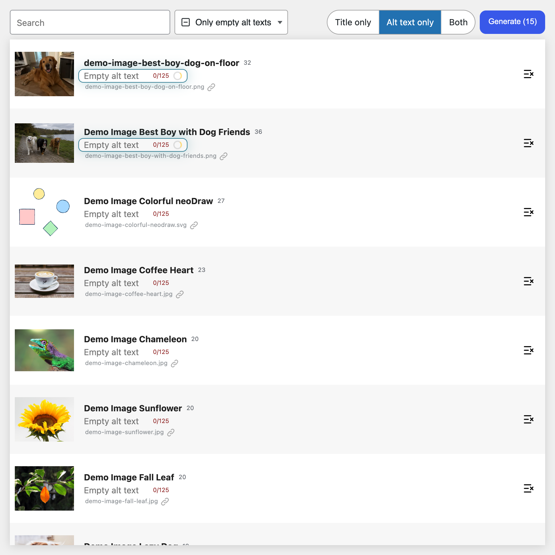 neo Alt - Bulk-generate alt texts in a tabular overview, taking into account the page context where the images are