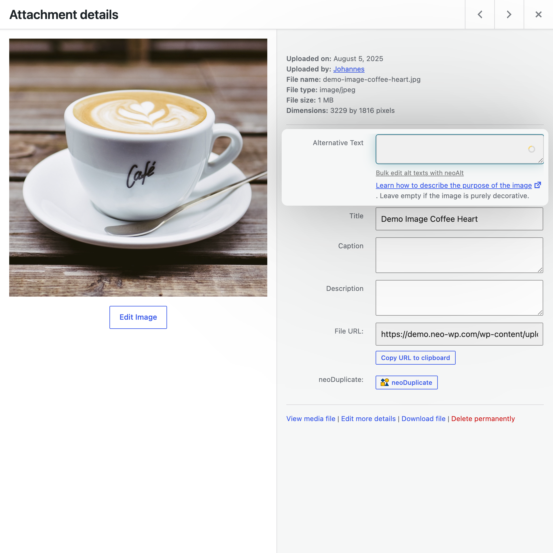 neo Alt - AI-generate alt text in a media popup directly in the WordPress media library via a simple AI button with page context