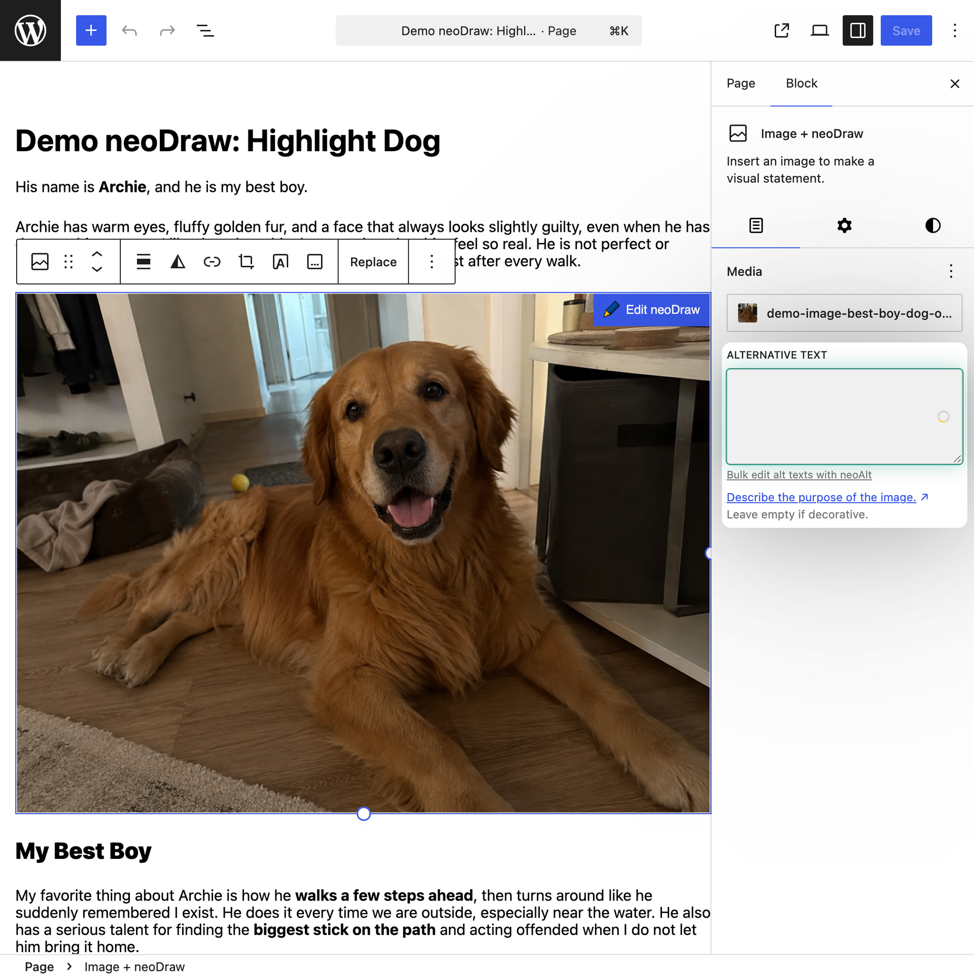 neo Alt - AI-generate alt text directly in the Gutenberg block editor via a subtle AI button