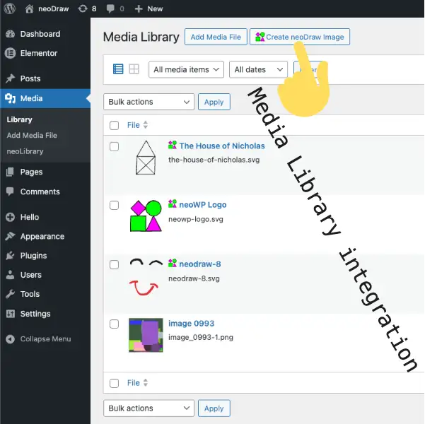 neo Draw - Integration into the WordPress media library to create new drawings that are managed like regular image files