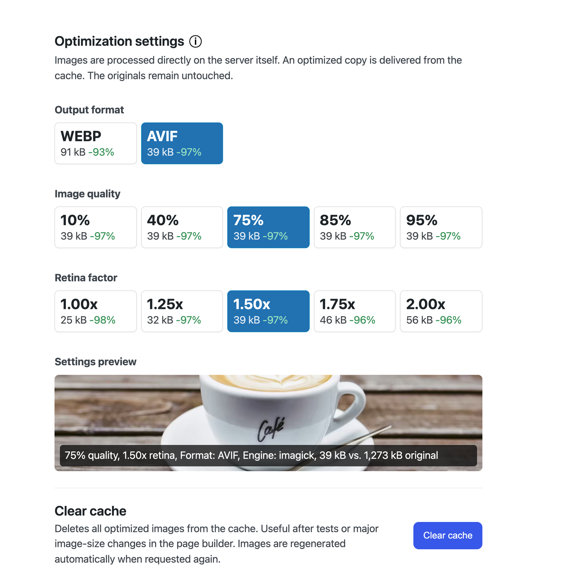 neo Optimize Cache for fast delivery of optimized images. This keeps the original images and the database untouched.
