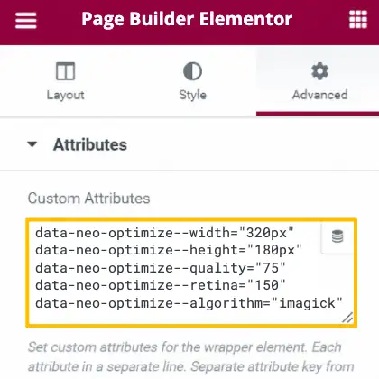 neo Optimize Override the auto-detected resolution and image quality via the img attribute in the Elementor page builder