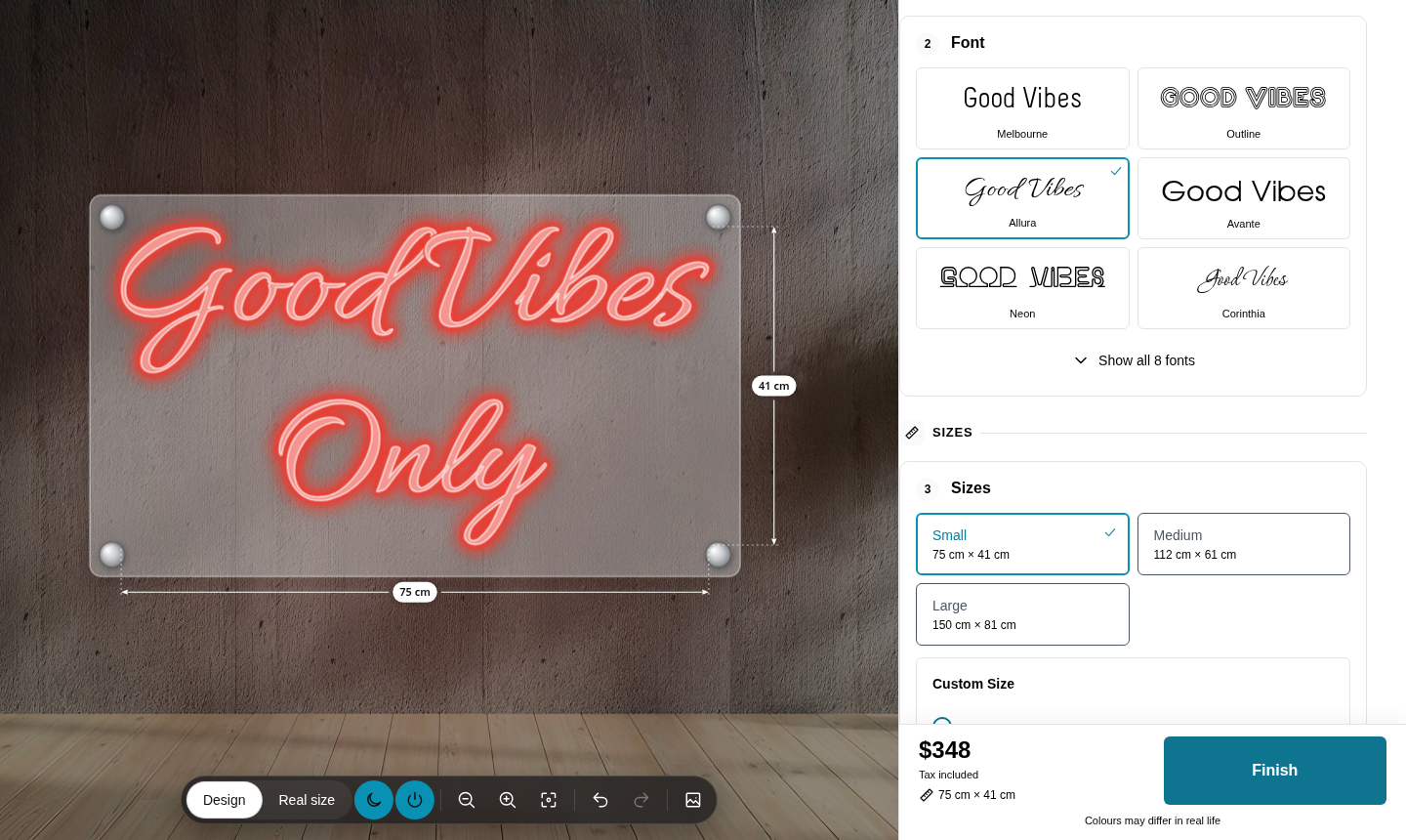 Live neon preview with the real dimensions of the sign. Customers pick a font from live previews of their own text.