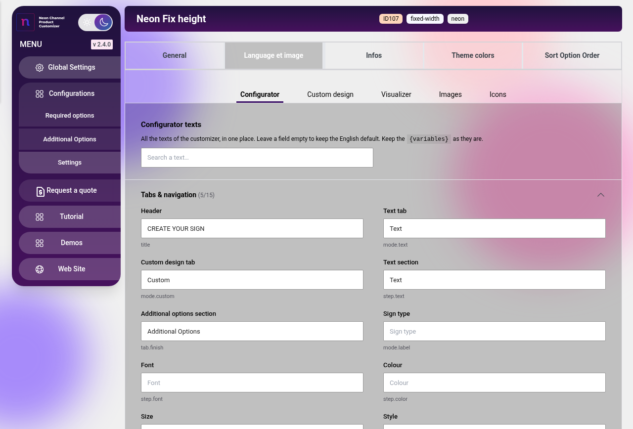 Admin: every text of the configurator in one place.