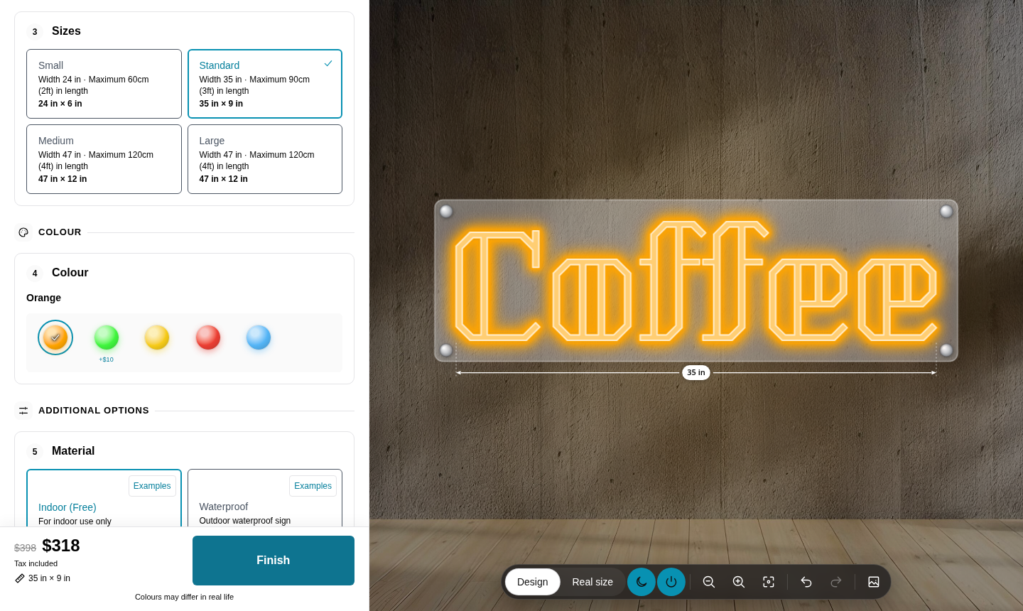 Sizes with their character limits, in centimetres or inches, with a size suggestion when the text gets longer.
