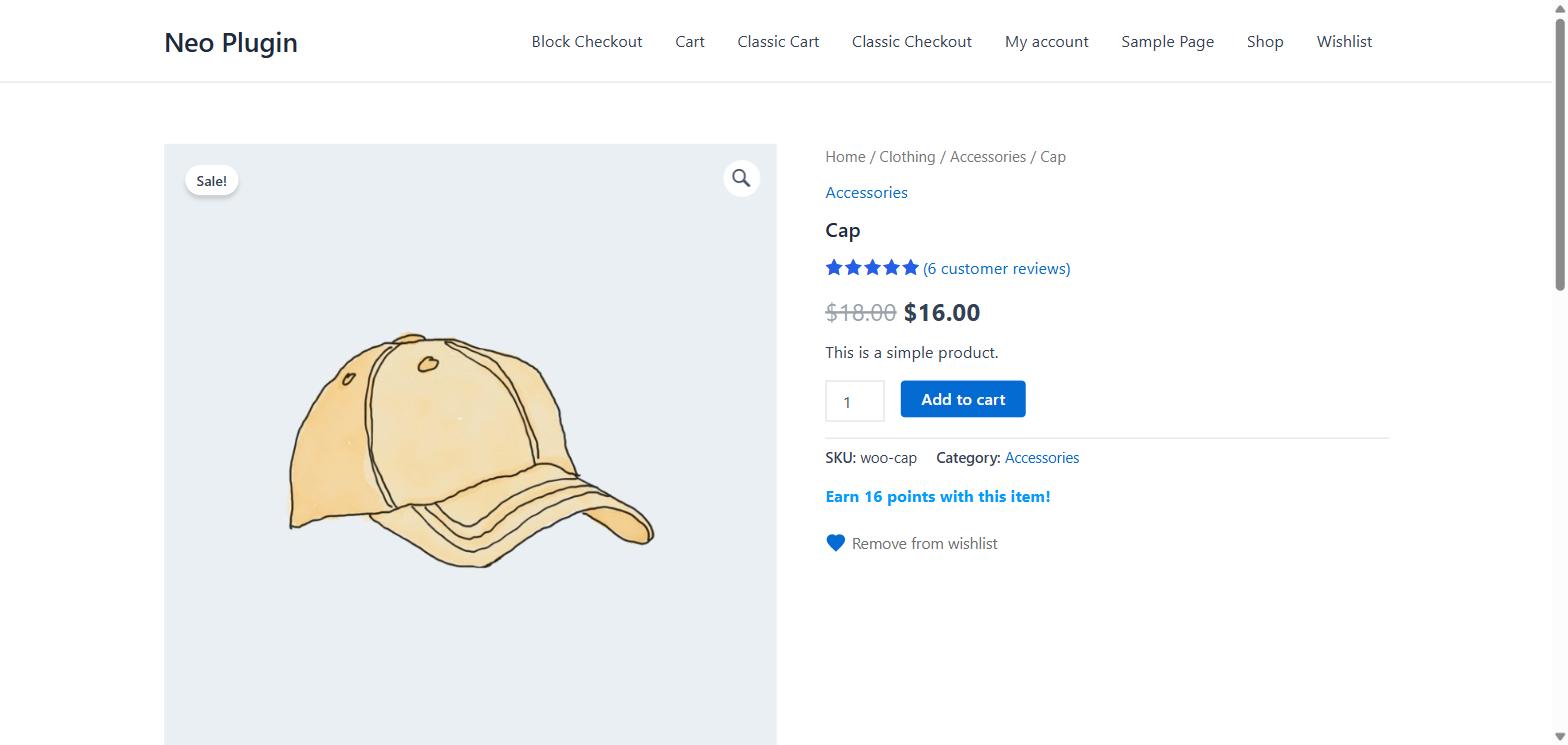 The Add to Wishlist button on a product page, below the NeoGrow points message. Saved products switch the button to "Remove from wishlist".
