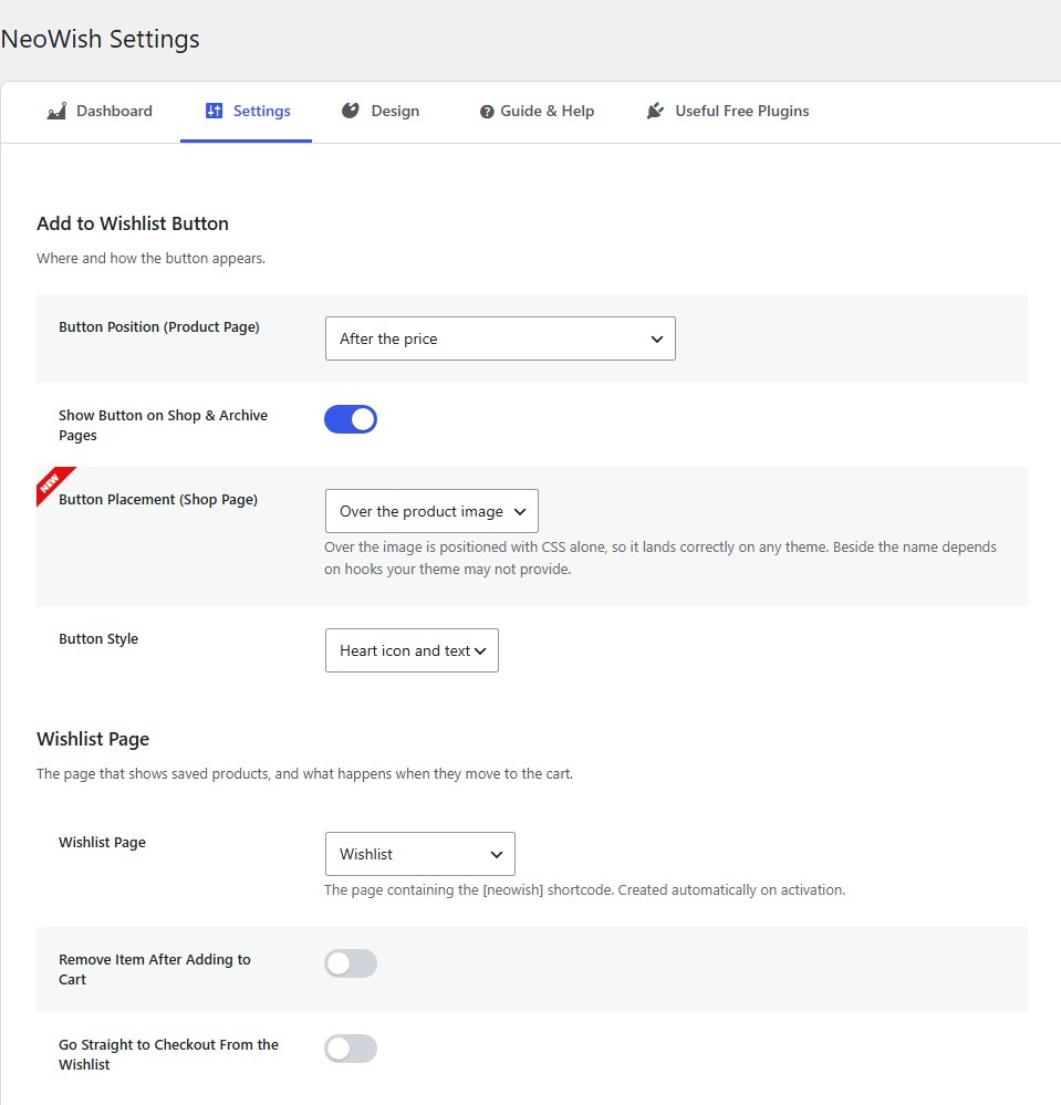 Settings: where the Add to Wishlist button appears, how it looks, whether it shows on the shop page, and which page holds the wishlist.