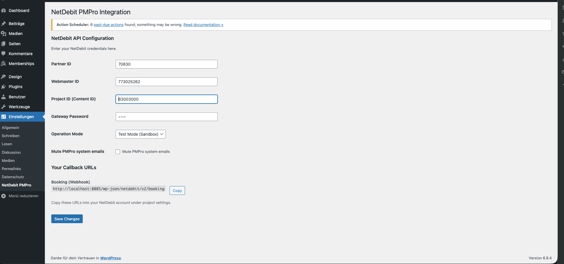 NetDebit settings page with API configuration fields.