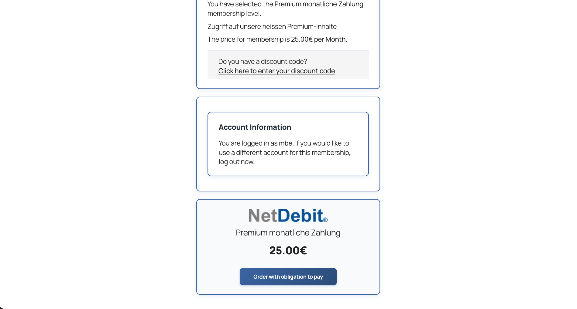 Checkout page with custom NetDebit purchase box.