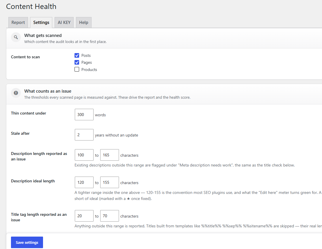The corpus report: duplicate, overlapping, merge-candidate and missing-pillar pages.