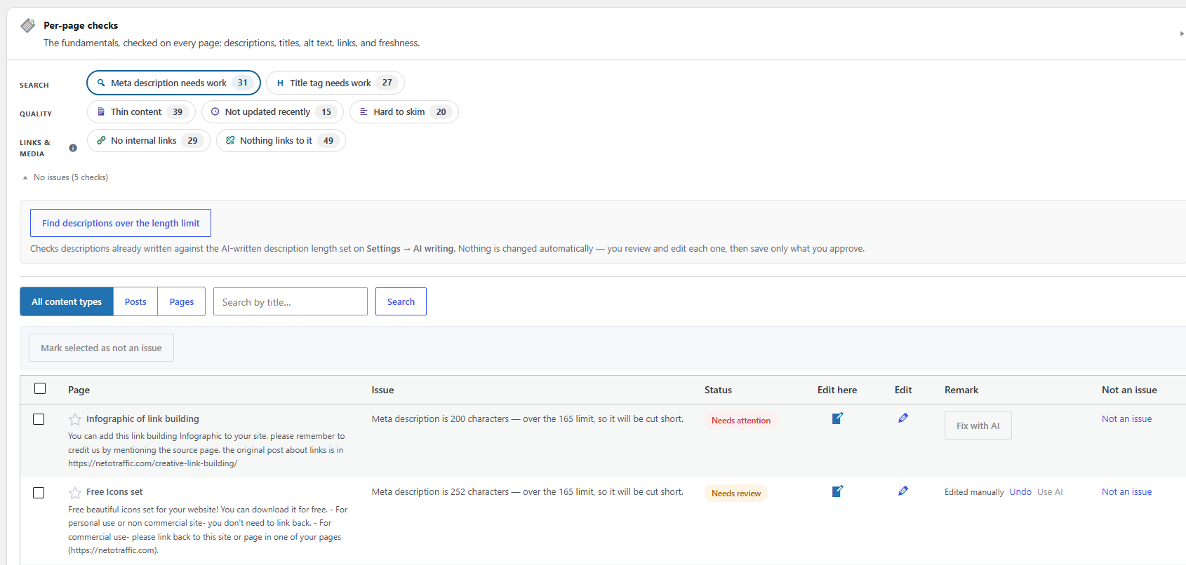 Settings: thresholds, which content to scan, and the detected SEO plugin.
