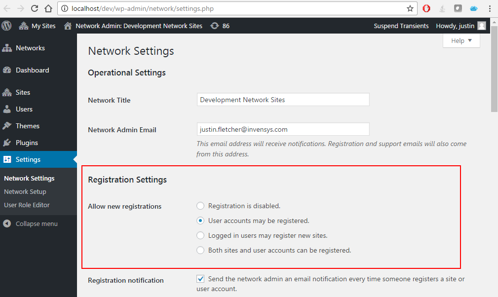 An example of Network Settings allowing users to be registered.