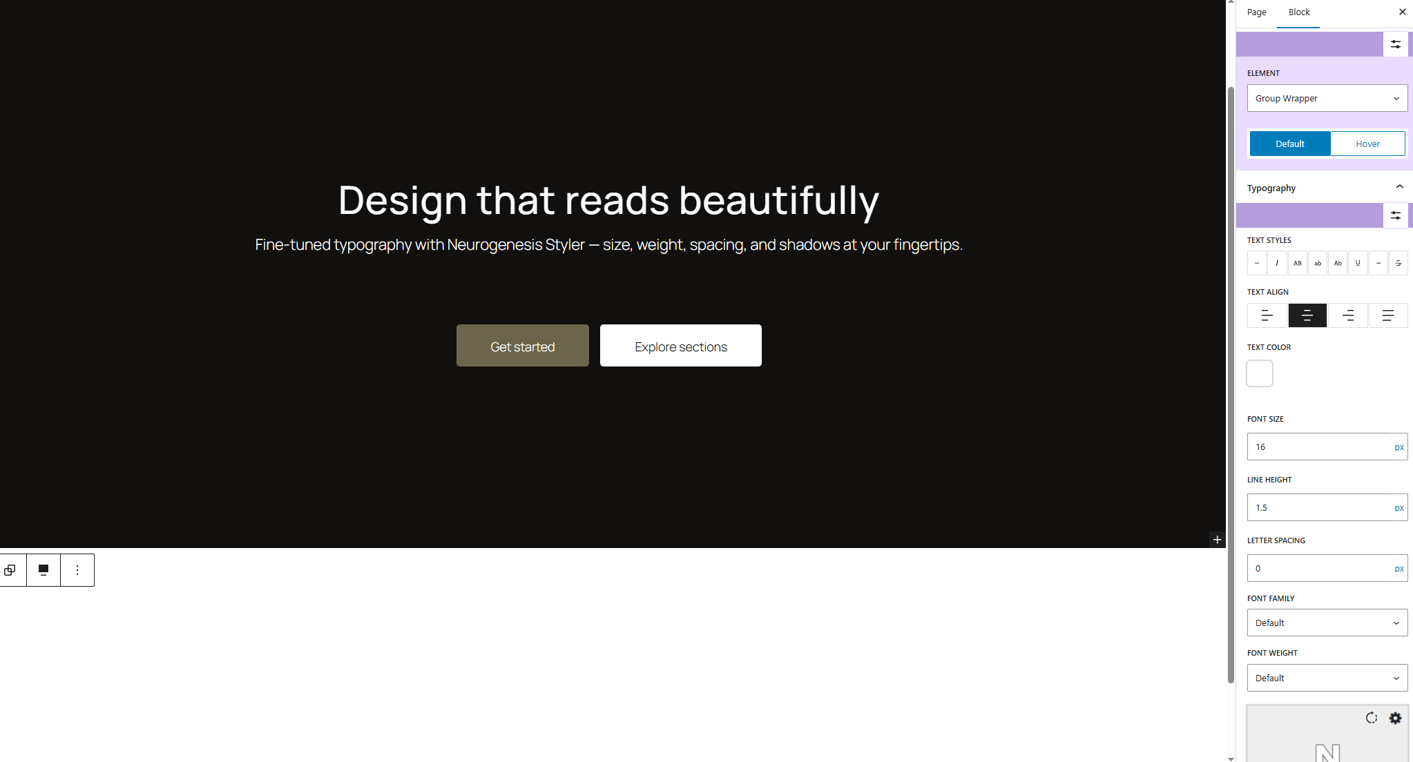 Typography controls in the block sidebar - customize fonts, sizes, line height, spacing, and text shadows.
