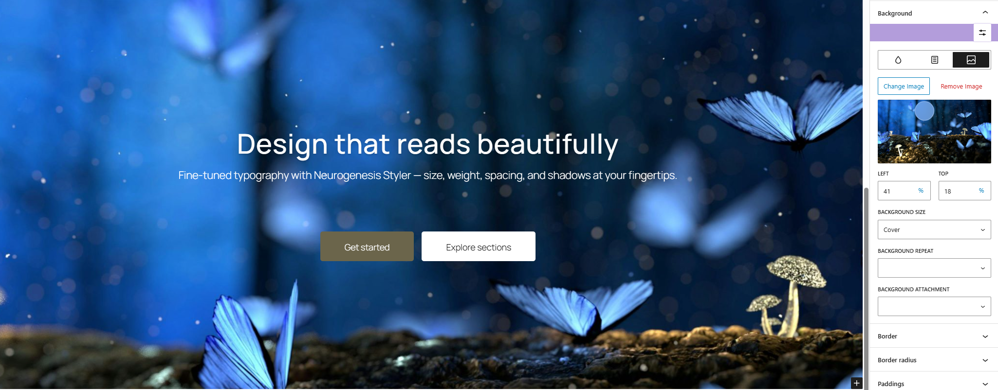 Background settings - apply gradients, images, or layered effects directly to any block or group.