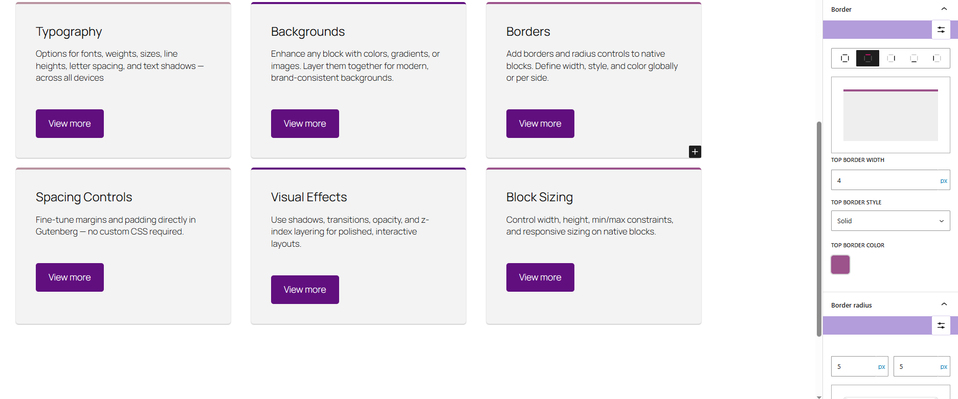 Border and spacing tools - fine-tune widths, styles, radii, margins, and padding with precision.