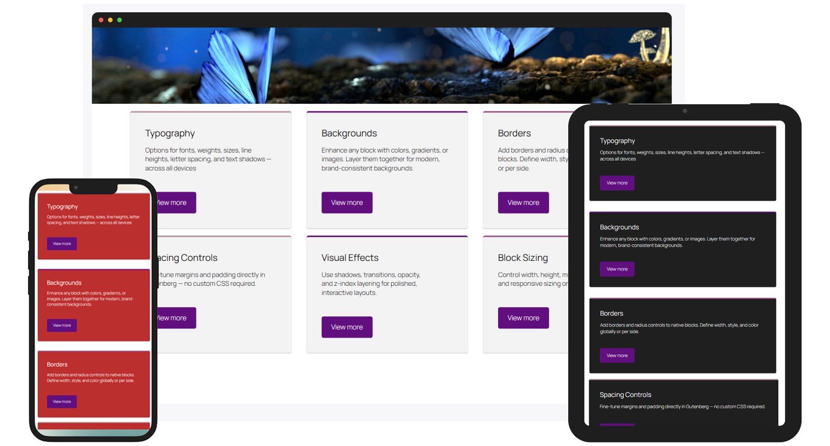 Responsive controls - style blocks differently for desktop, tablet, and mobile views.