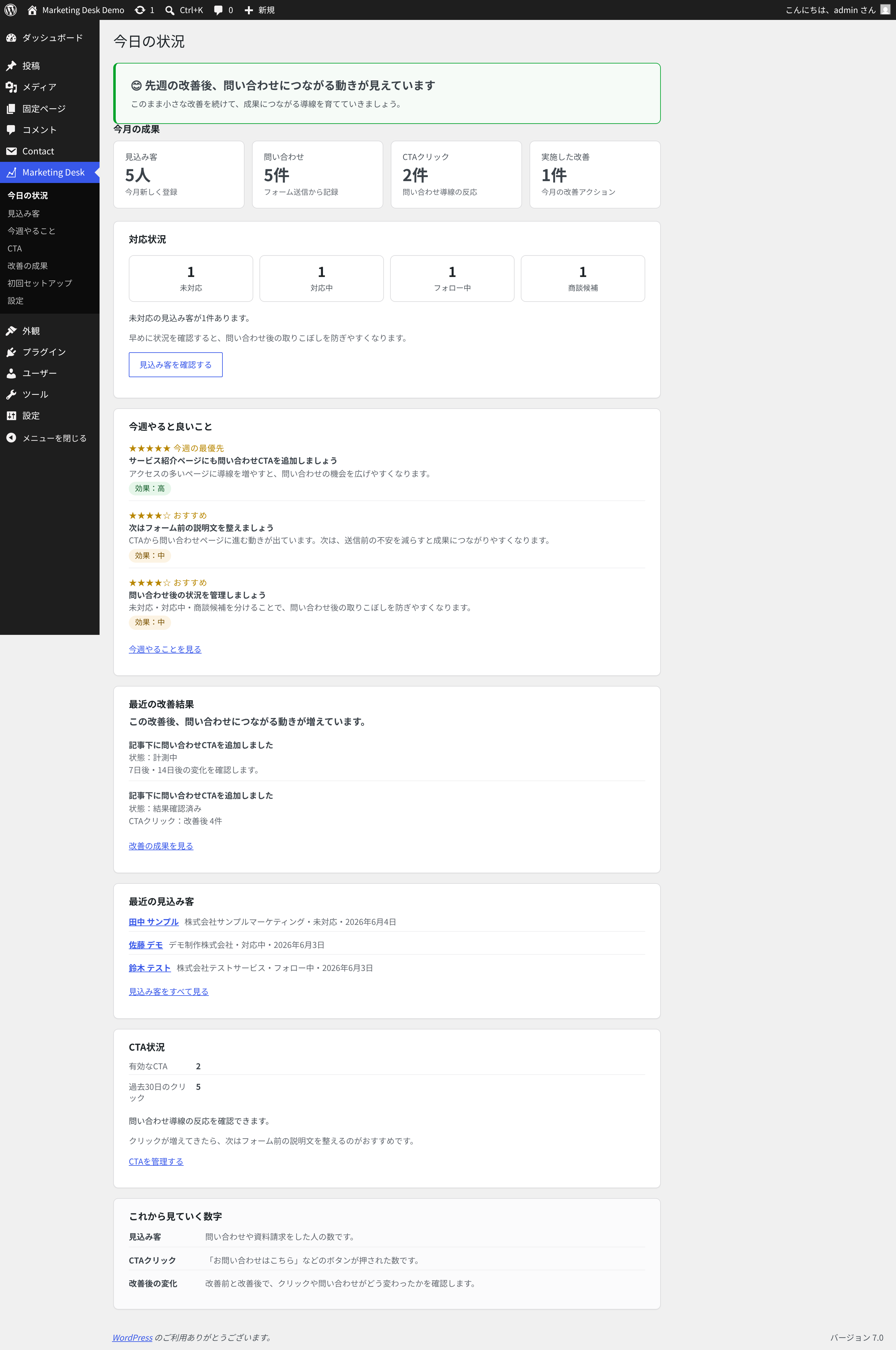 Dashboard with leads, inquiries, CTA activity, recommendations, and recent improvement results.