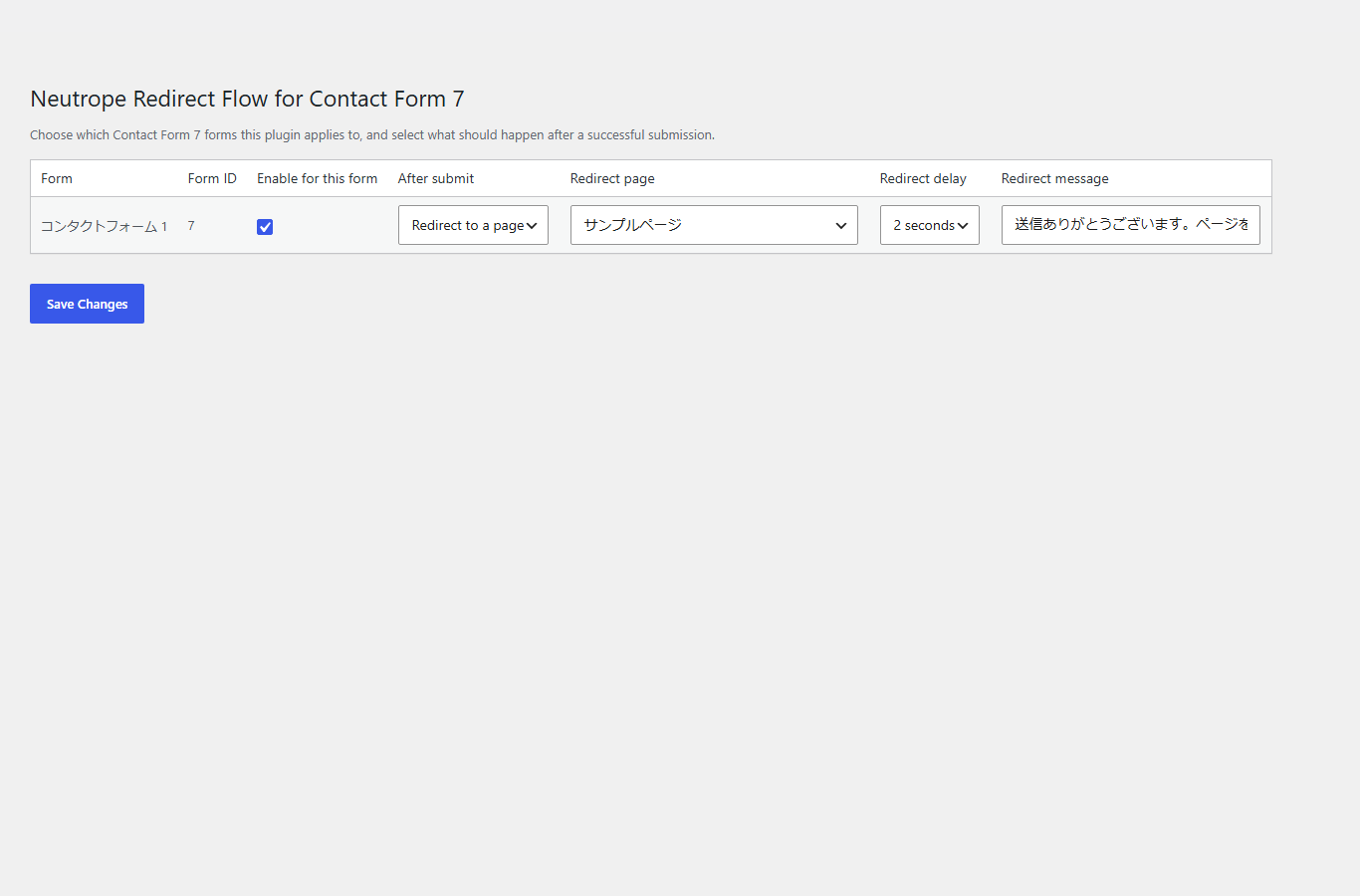 The Redirect Flow settings page: per-form enable, after-submit
action, redirect page, redirect delay and redirect message.