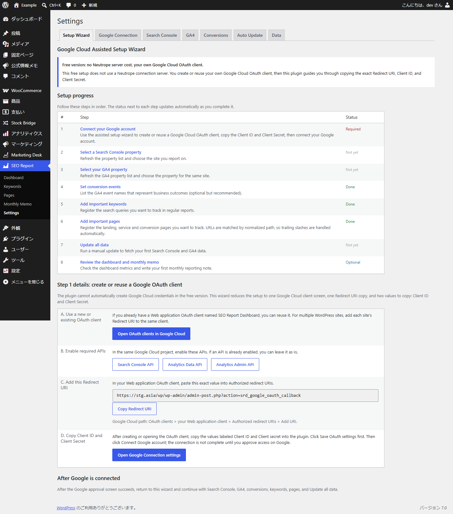 Settings — Setup Guide: ordered onboarding steps with live status, plus Google Cloud and OAuth redirect-URI guidance.