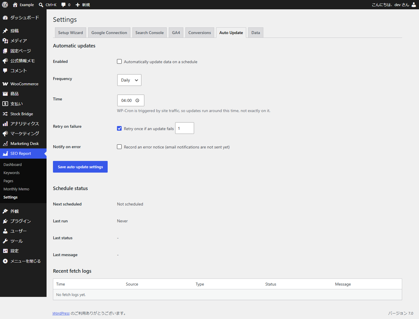 Settings — Auto Update: WP-Cron automatic updates, schedule status and recent fetch logs.