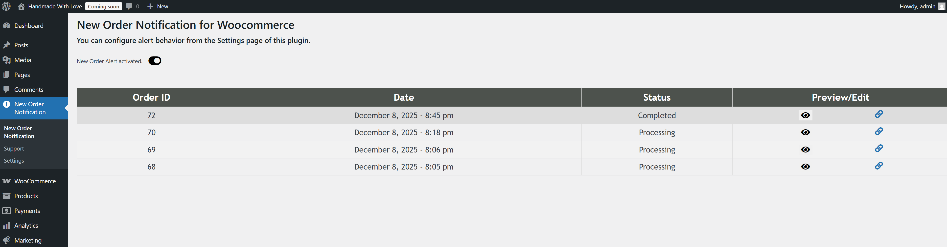 New Order Notification recent orders table.