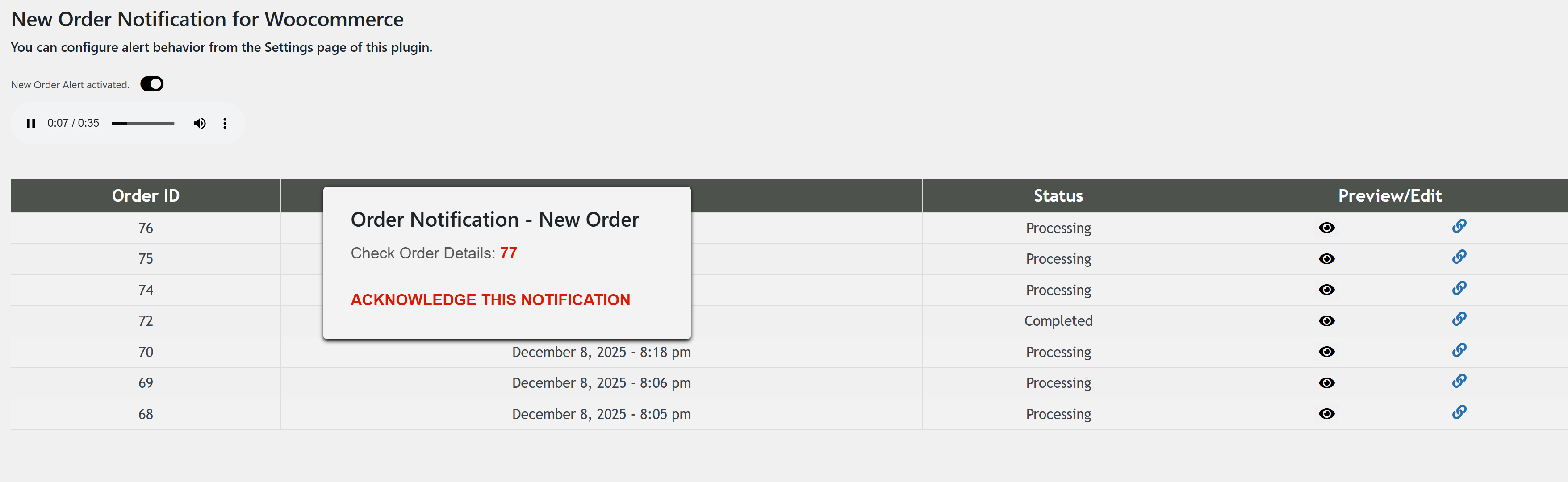 Popup notification preview when a new order is received.