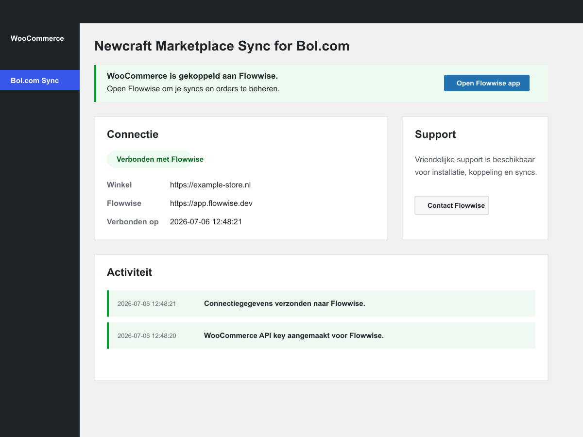 Connected state with connection details, support contact, activity log and Flowwise app link.