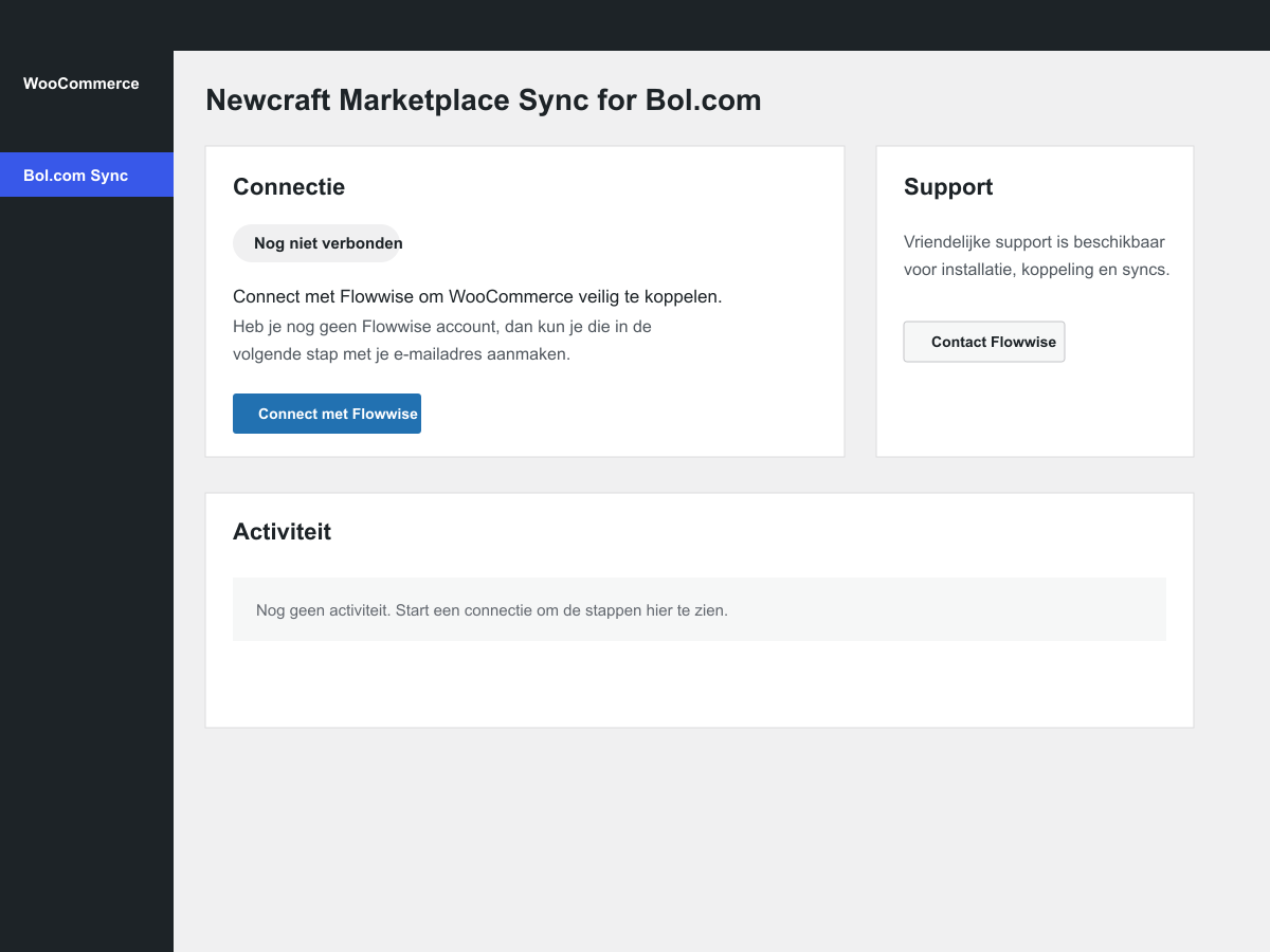 Initial connect state with one Flowwise connect button, support contact and no editable app URL.