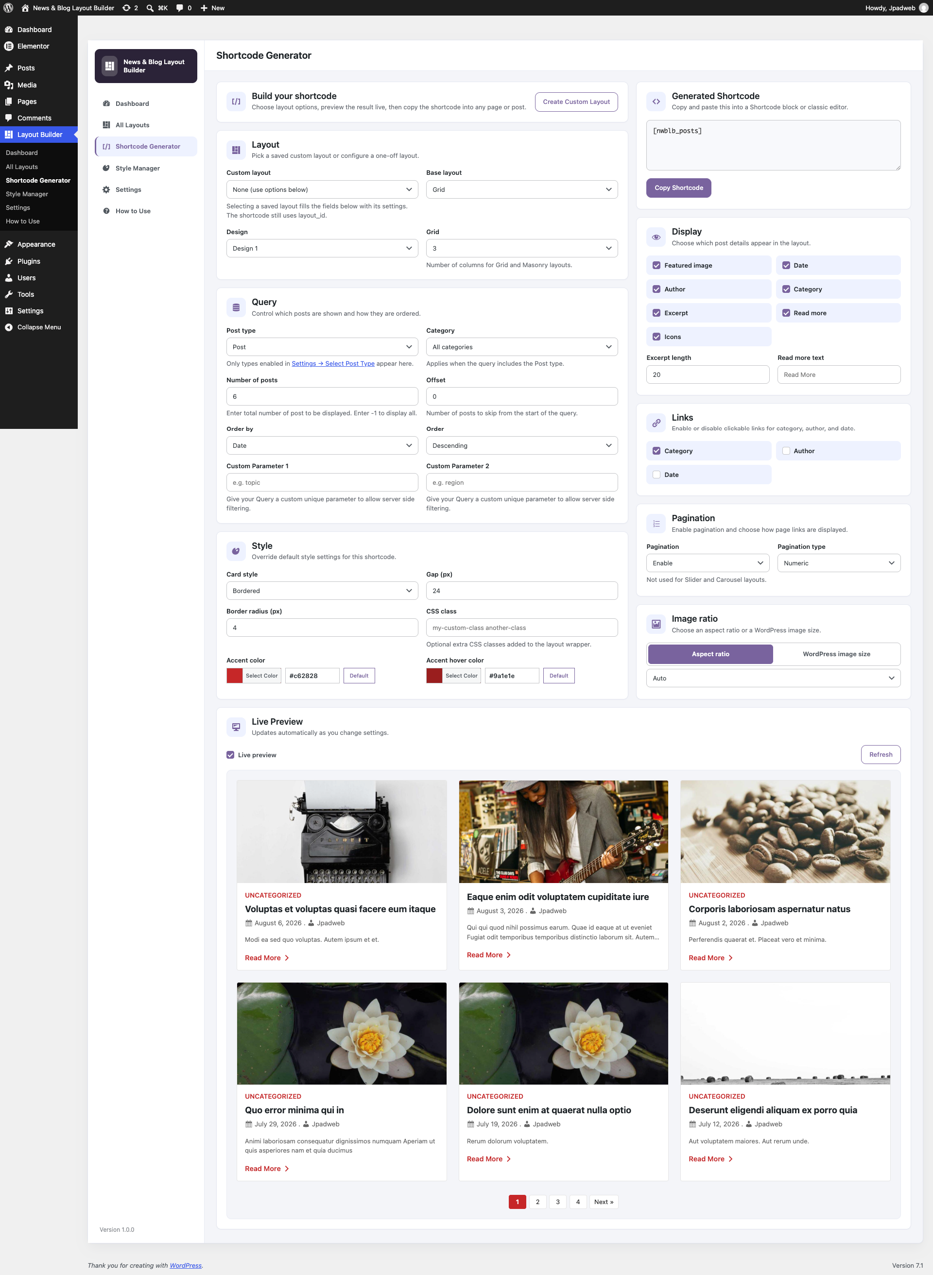 Shortcode Generator – choose a layout, configure query and style options, and preview the result live before copying the shortcode.
