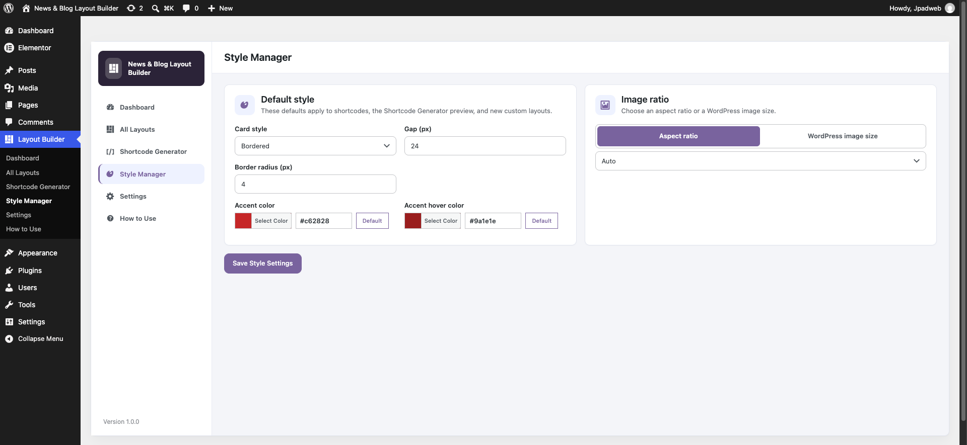 Style Manager – set global defaults for card style, gap, border radius, accent colors, and image ratio applied across all layouts.