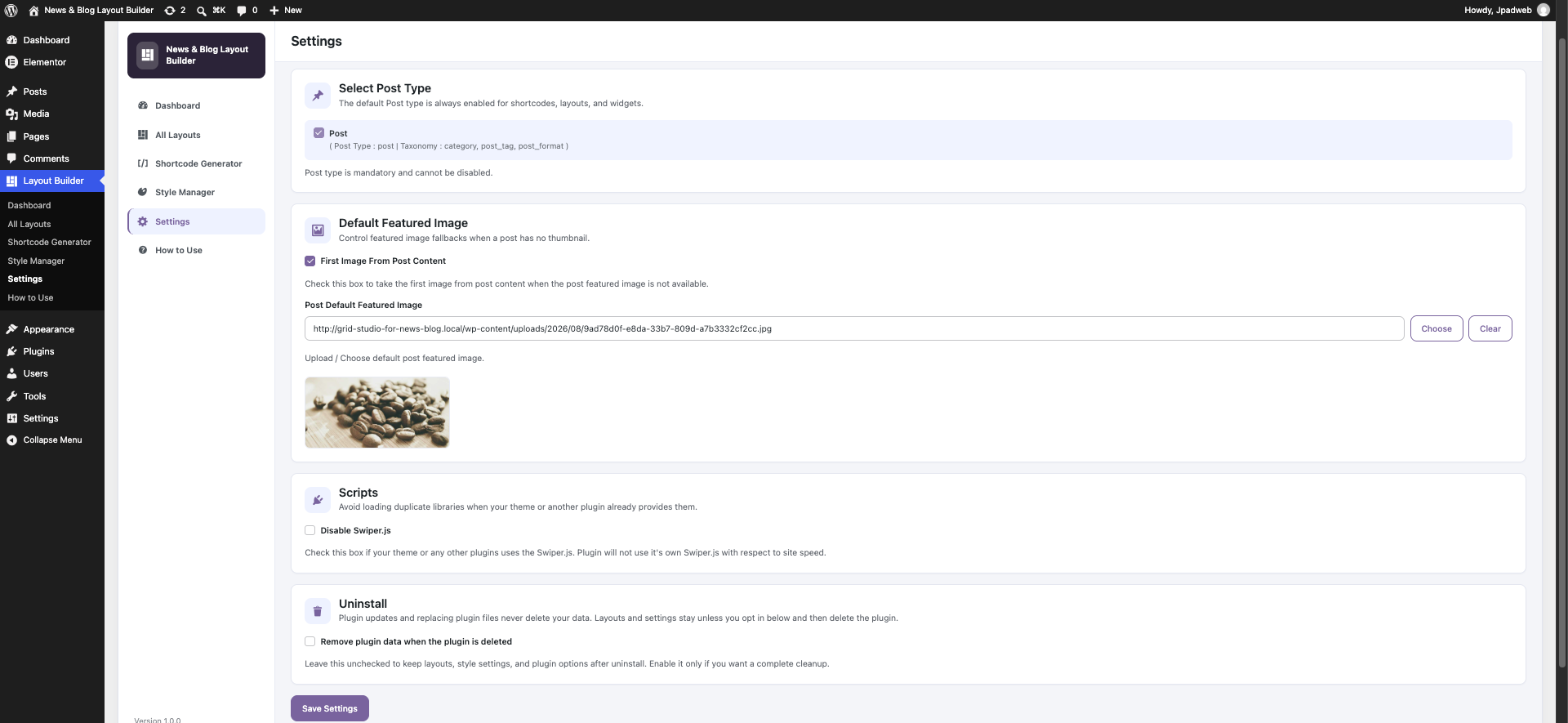 Settings – select post types, configure featured image fallbacks, manage Swiper.js loading, and control uninstall behaviour.