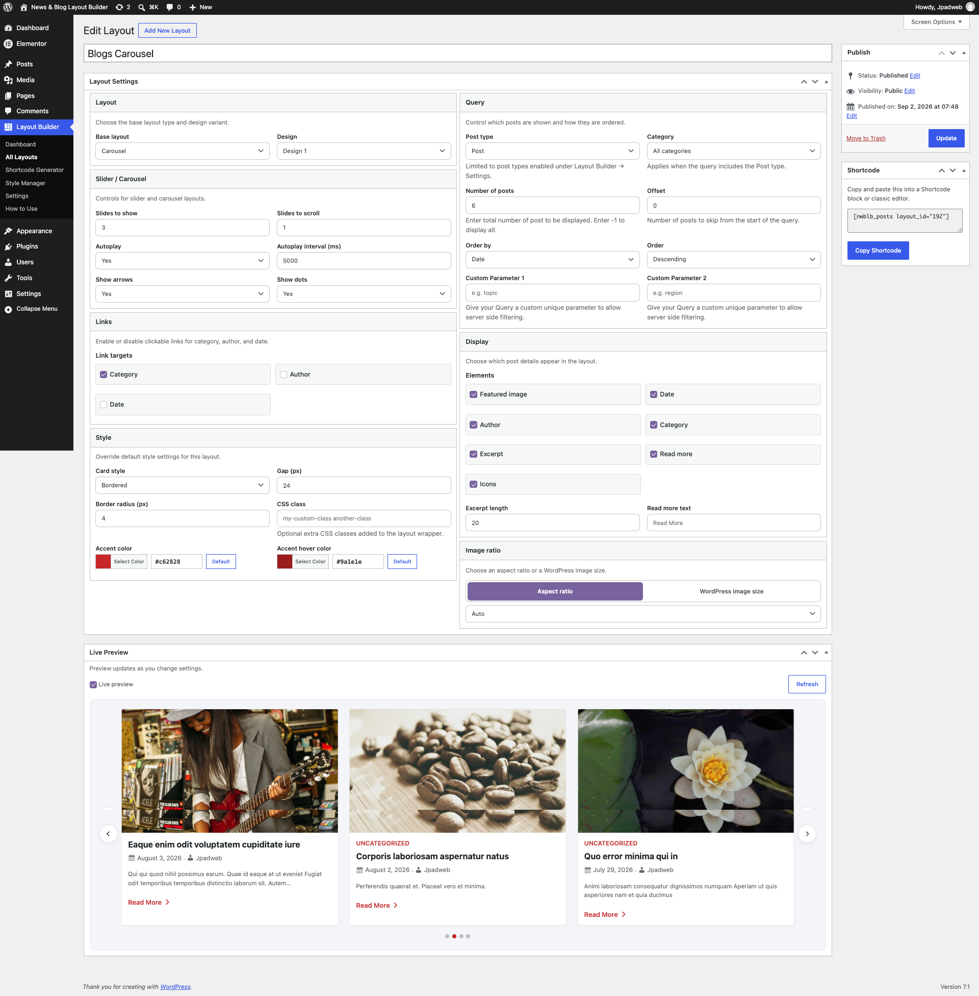 Edit Layout – full layout editor with Layout, Query, Style, Display settings, and a live preview, plus a Copy Shortcode button in the sidebar.