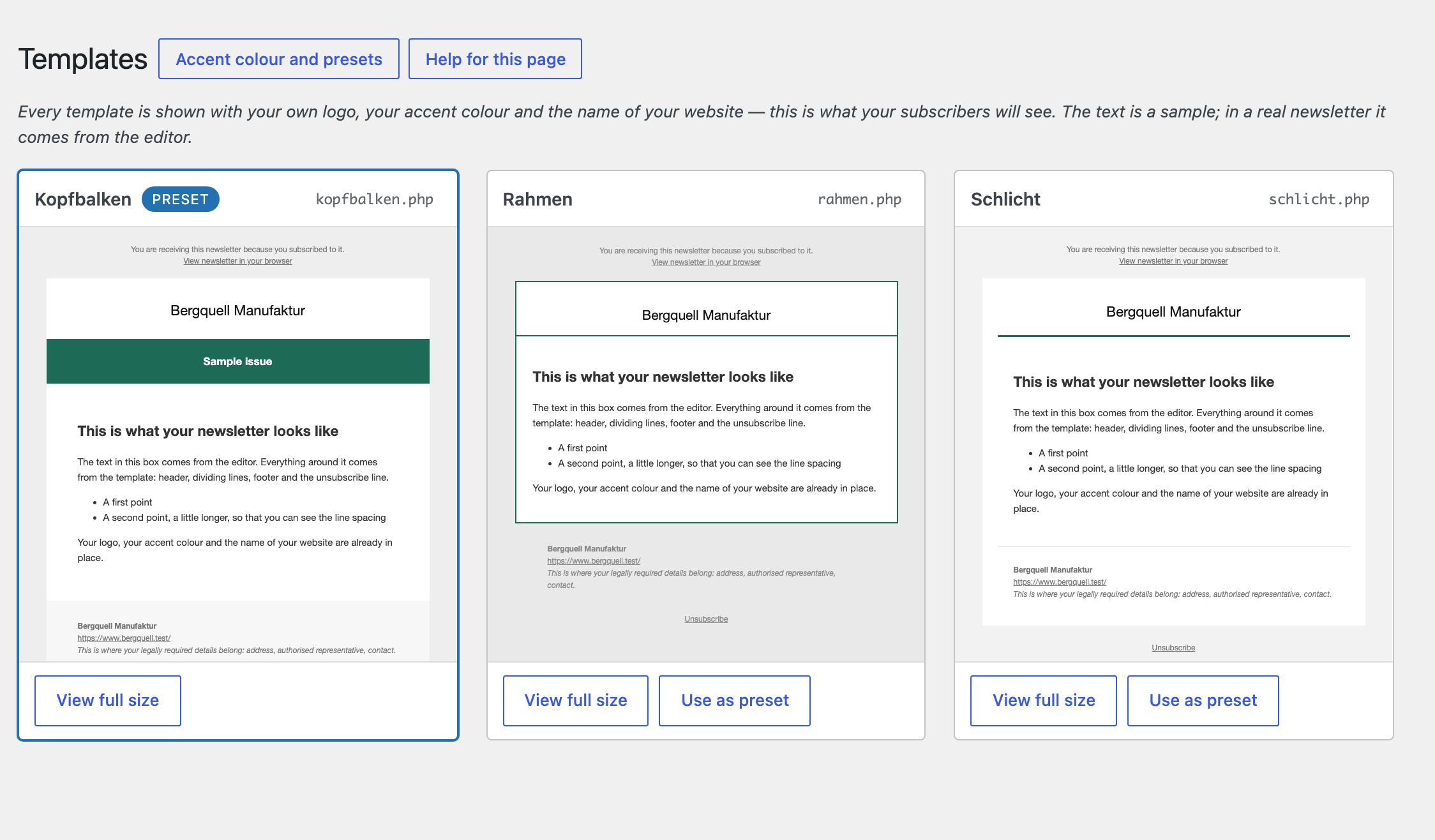 The templates, shown with your own logo, accent colour and site name.