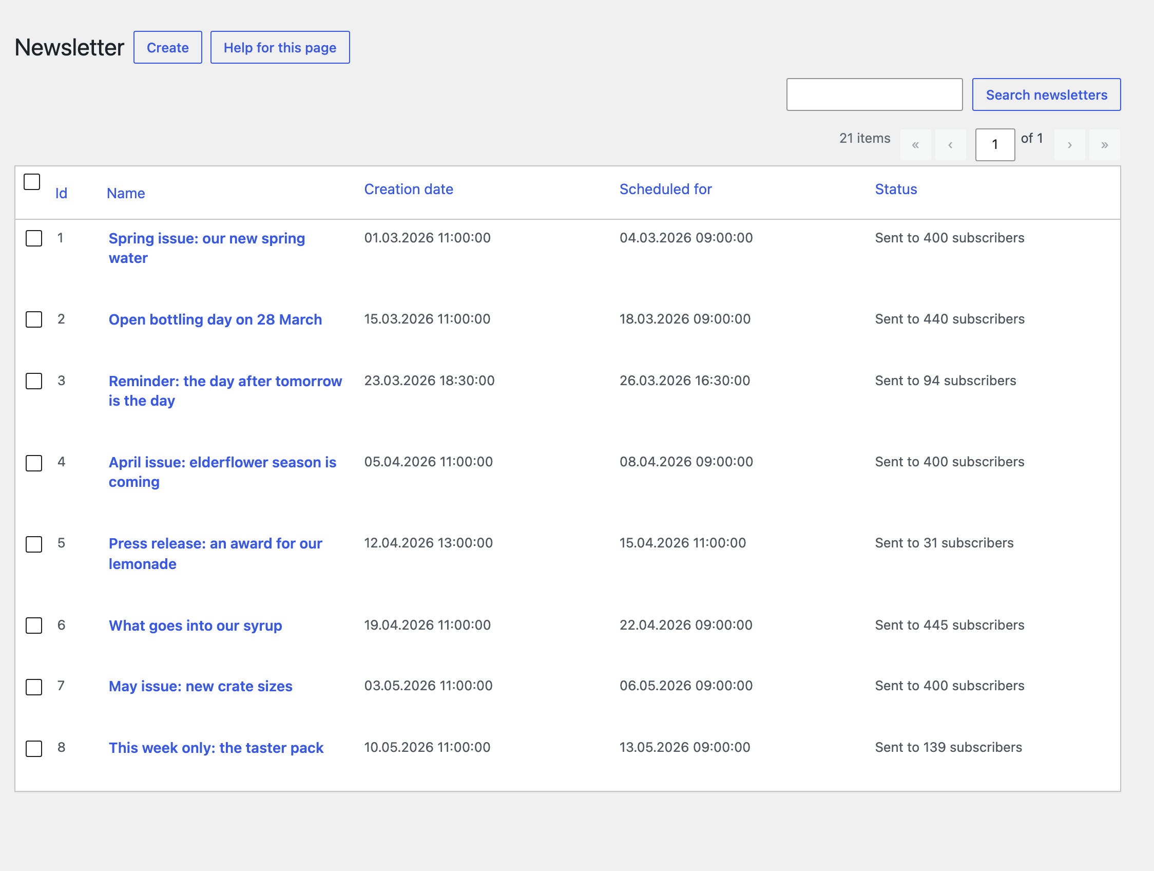 The newsletter list with the sending status of each issue.