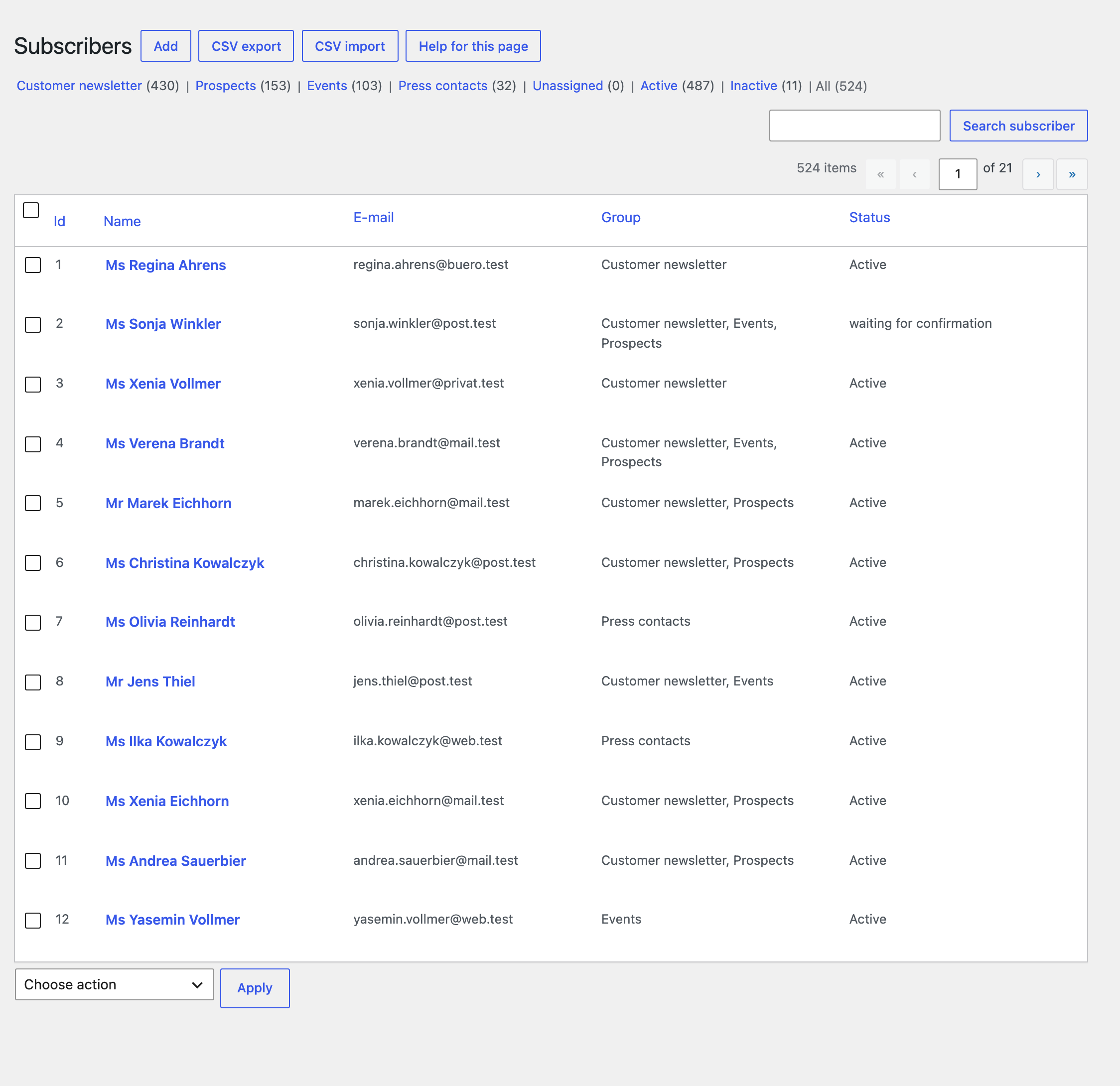 Subscribers with groups and status, with CSV import and export.