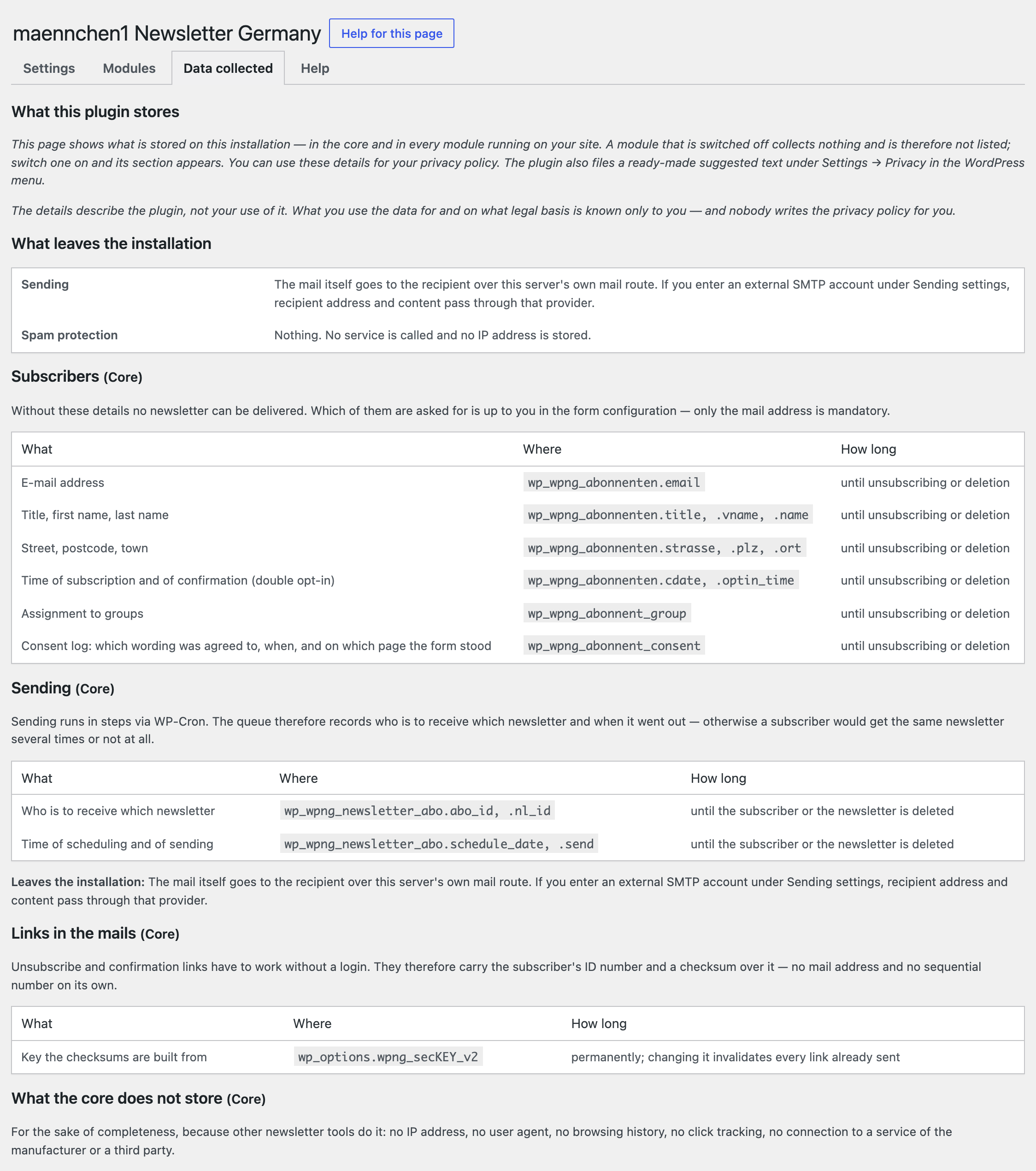 "Data collected": what the plugin stores, where and for how long, for your privacy policy.