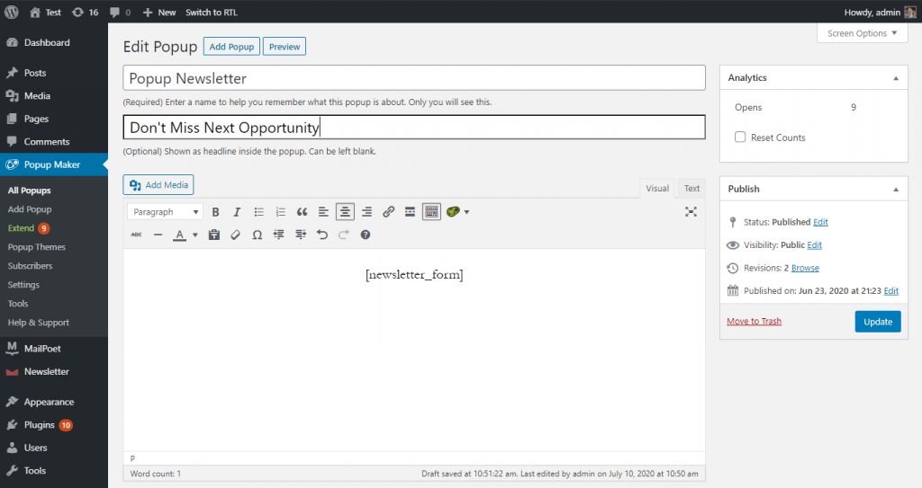 Create a popup using Popup Maker and add the Newsletter shortcode to display a subscription form