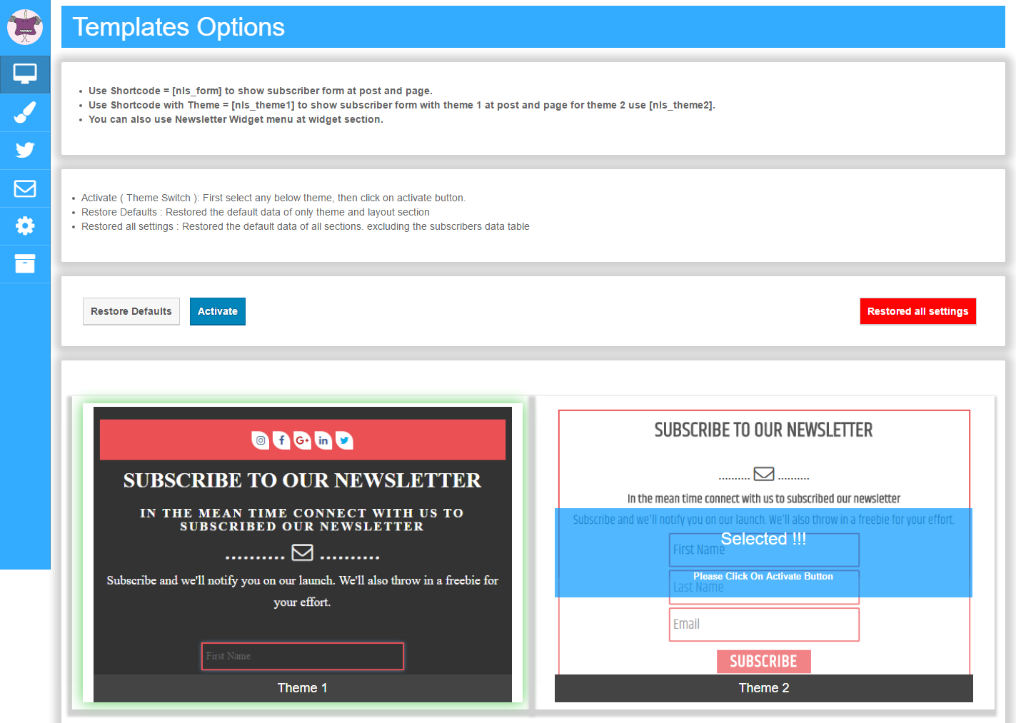 Newsletter Subscription Form selection
