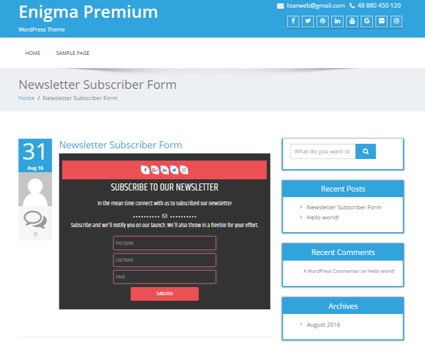 Newsletter Subscription Form in content