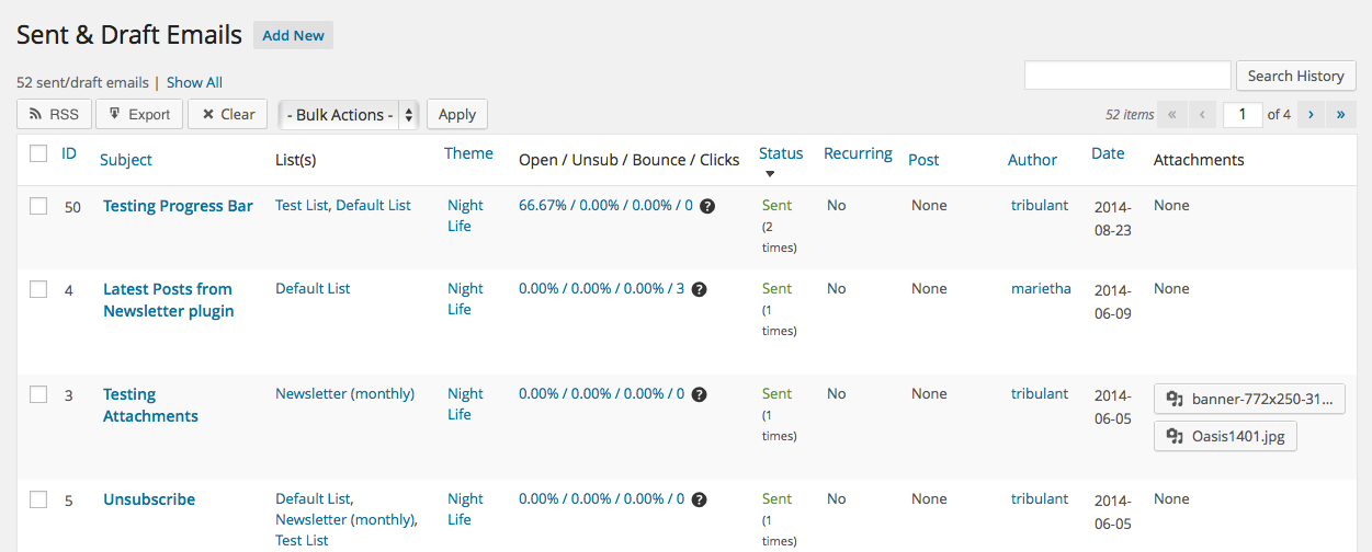 Complete history of newsletters with stats