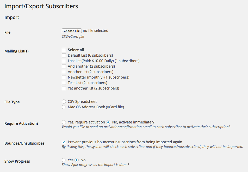 Import subscribers from CSV or Mac OS X vCard