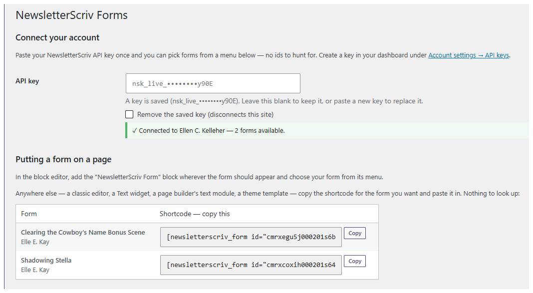 Settings → NewsletterScriv: a connected account, with every form's shortcode ready to copy.