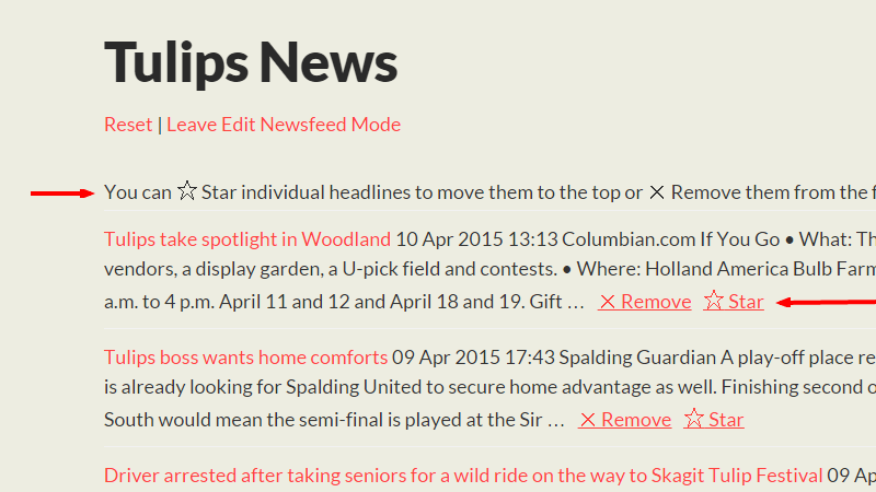 You can remove unwanted headlines or star the good ones right from your site.